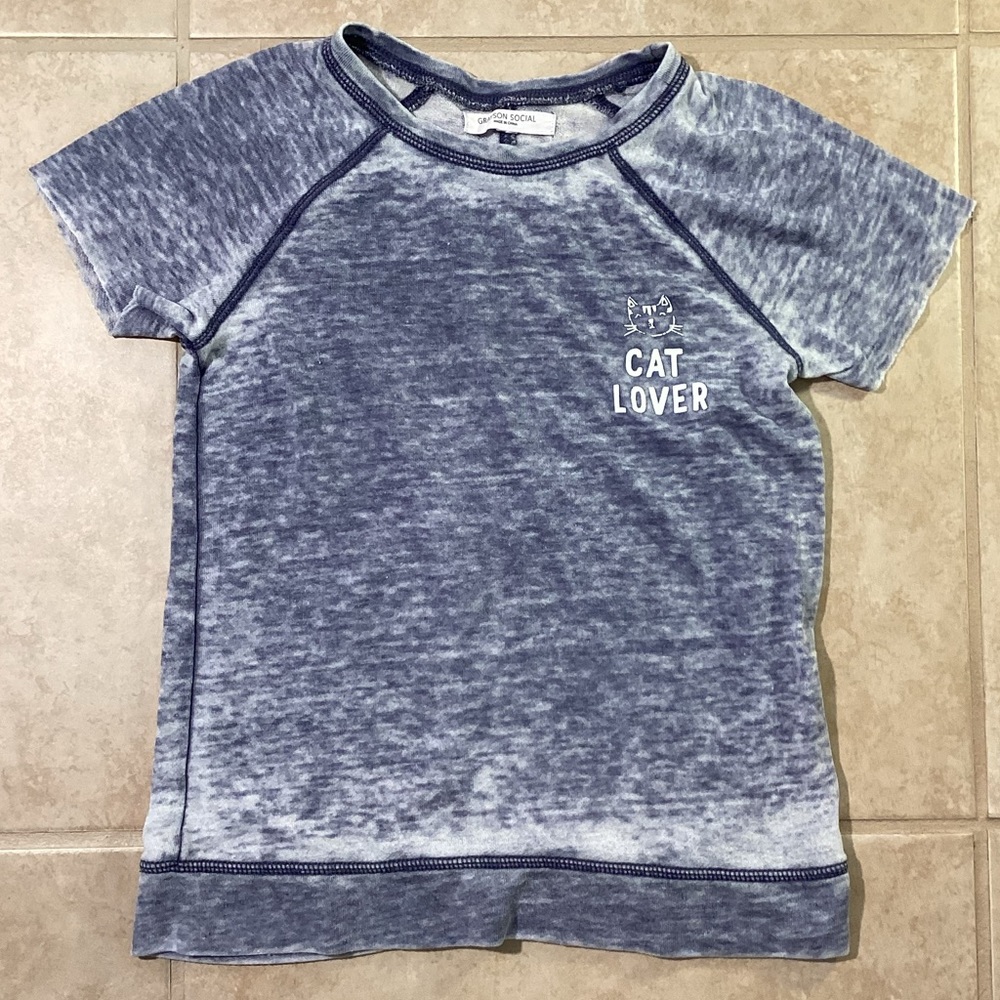 Grayson Social Cat Lover Blue Distressed Sheer Short Sleeve Girls Small